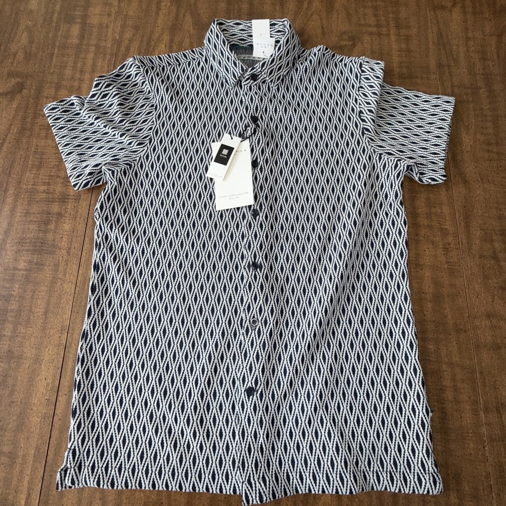 Ike Behar Short Sleeve Polo Button Up Shirt Men Texture Small Black/White